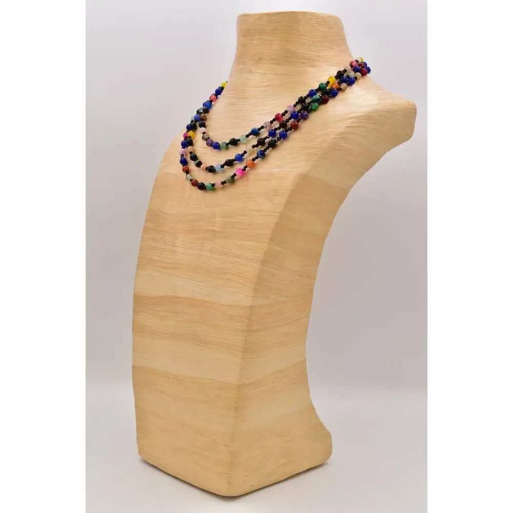 Vintage Multi-Strand Colorful Glass Cabochon Beaded Necklace Crystal 1980s BinAU